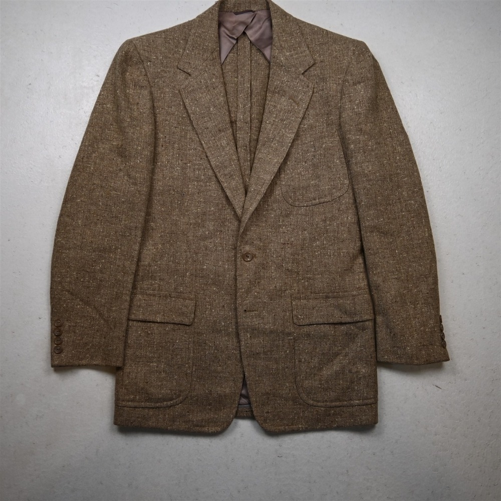 Vtg USA Made 1960s 36S Tan Brown Fleck Wool Tweed Mens Blazer Jacket Sport Coat